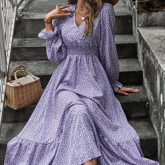 . Dresses & Skirts - Purple Boho Womens Ditsy Floral Print Flounce Sleeve Shirred Dress